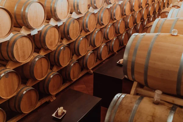 Wine Cognac Barrels Cellar Winery Wooden Wine Barrels Perspective Wine — Stock Photo, Image