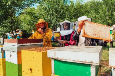  Arab investors checking the quality of honey on a large bee farm in which they have invested their money. The concept of investing in small businesses.