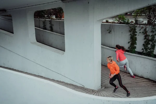 Two women in sports clothes running in a modern urban environment. The concept of a sporty and healthy lifestyle.