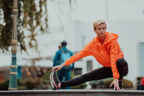 Fit Attractive Woman Sportswear Stretching One Leg Jogging Footpath Outdoor — Foto de Stock