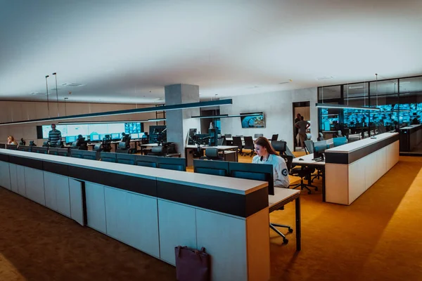 Group Security Data Center Operators Working Cctv Monitoring Room Looking — Foto de Stock