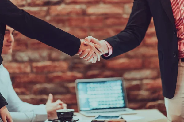 Business Shaking Hands Finishing Meeting Successful Businesspeople Handshaking Good Deal — стоковое фото