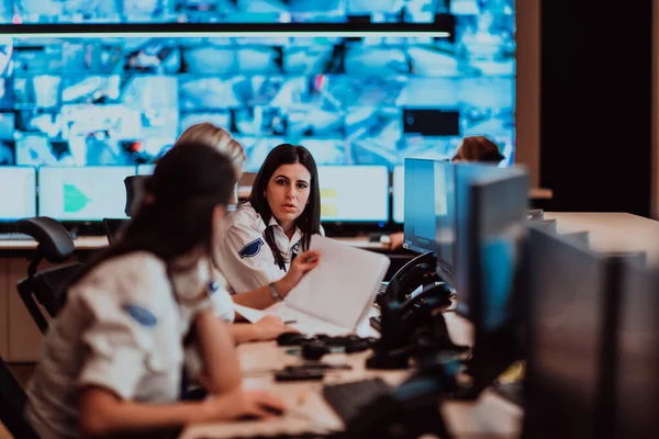 Group Security Data Center Operators Working Cctv Monitoring Room Looking — Stok fotoğraf