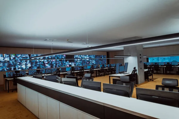 Empty Interior Big Modern Security System Control Room Workstation Multiple — 图库照片