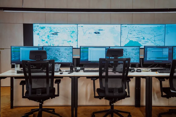 Empty Interior Big Modern Security System Control Room Workstation Multiple — Foto Stock