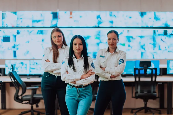 Group Portrait Female Security Operator While Working Data System Control —  Fotos de Stock