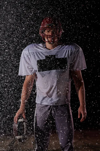 American Football Field Lonely Athlete Warrior Standing Field Holds His – stockfoto