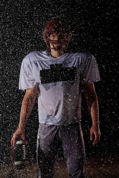American Football Field Lonely Athlete Warrior Standing Field Holds His – stockfoto