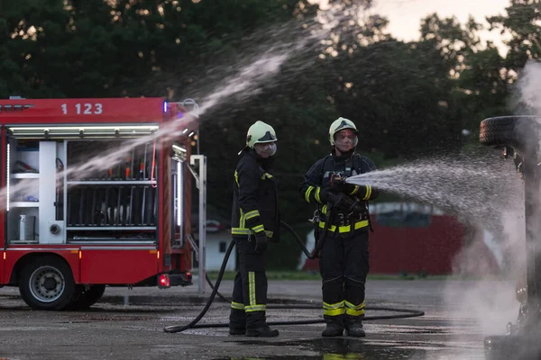 Brandweerlieden Bestrijden Vlam Het Vuur Beheersen Niet Zich Verspreiden Brandweerman — Stockfoto