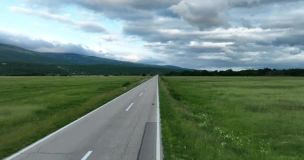 Luchtfoto Van Een Lege Landweg Prachtige Weidenatuur Tijdens Een Zomerse — Stockvideo