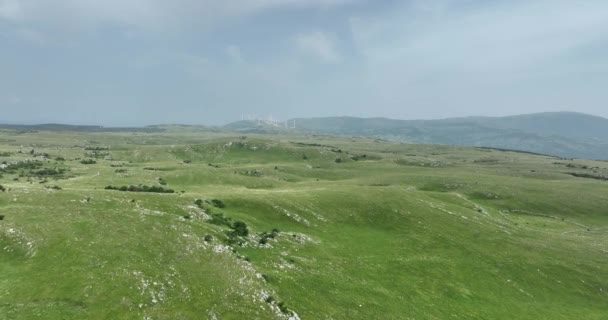 在乡间的阴天里 空中的草场上布满了薄薄的薄雾 波斯尼亚和黑塞哥维那的空中风景抽象 真实的农村景观 — 图库视频影像
