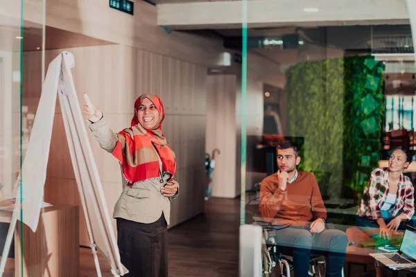 Yaşlı Bir Müslüman Kadını Modern Bir Ofisteki Genç Çeşitli Bir — Stok fotoğraf