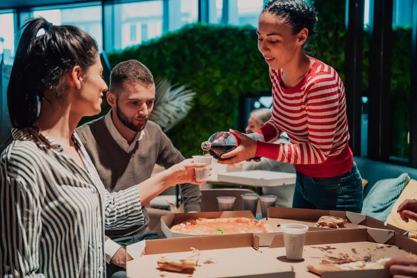 Eating Pizza Diverse Colleagues Office Happy Multi Ethnic Employees Having — Stock Photo, Image