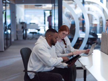 Modern bir ofiste, Afro-Amerikalı genç işadamı ve onun iş kadını meslektaşı, çarpıcı turuncu saçlarıyla, işbirlikçi problem çözme seanslarına katılırlar.. 