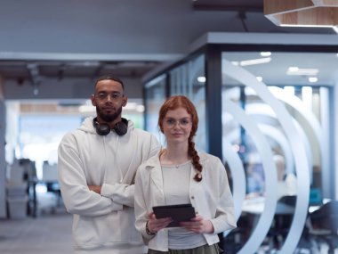 Modern bir ofiste, Afro-Amerikalı genç işadamı ve onun iş kadını meslektaşı, çarpıcı turuncu saçlarıyla, işbirlikçi problem çözme seanslarına katılırlar.. 