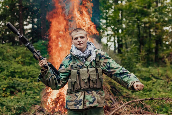 Angry Terrorist Militant Guerrilla Soldier Warrior Forest — Stock Photo, Image