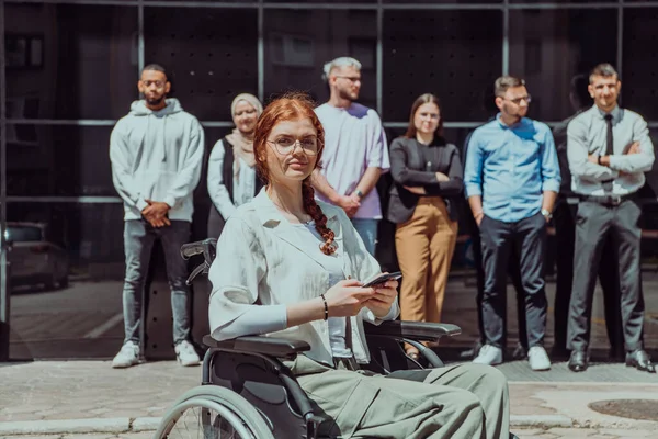 Diverse Confident Group Young Businessmen Poses Together Businesswoman Wheelchair Radiating — Stock Photo, Image