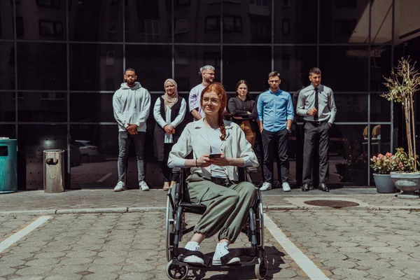 Diverse Confident Group Young Businessmen Poses Together Businesswoman Wheelchair Radiating — Stock Photo, Image