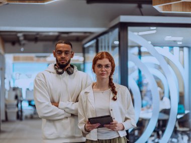 Modern bir ofiste, Afro-Amerikalı genç işadamı ve onun iş kadını meslektaşı, çarpıcı turuncu saçlarıyla, işbirlikçi problem çözme seanslarına katılırlar.. 