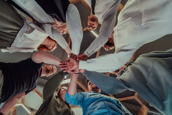 Group Young Businessmen Offer Hands Together Symbolizing Togetherness Business World — Stock Photo, Image