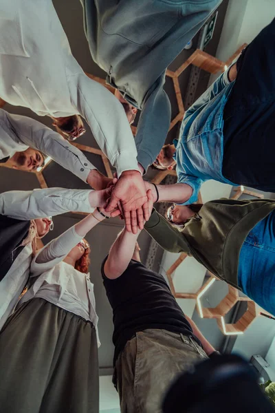 Group Young Businessmen Offer Hands Together Symbolizing Togetherness Business World — Stock Photo, Image