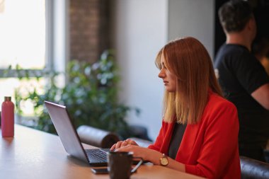 Çağdaş bir ofis ortamında, genç bir iş kadını dizüstü bilgisayarına odaklanmış, çalışmalarına bağlılığını ve verimliliğini sergiliyor. 