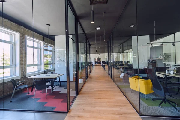 Setting Modern Glass Walled Business Startup Offices Open Airy Workspace — Stock Photo, Image