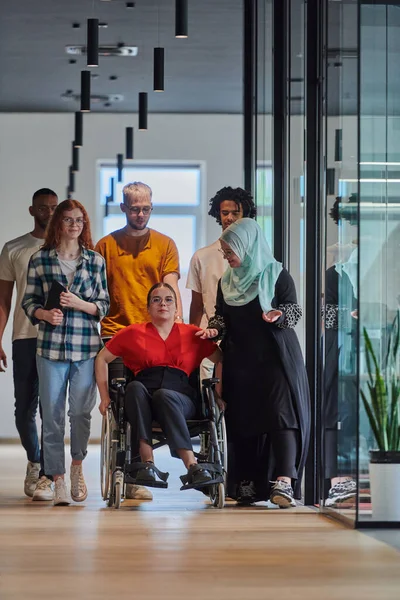 Diverse Group Young Business People Walking Corridor Glass Enclosed Office — Stock Photo, Image