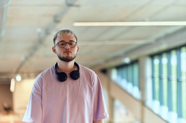 Çağdaş bir ofis, modern sarışın girişimci duruyor, akıllı telefonuna dalmış, modern iş dünyasının dinamik ve teknoloji meraklısı özünü özetliyor