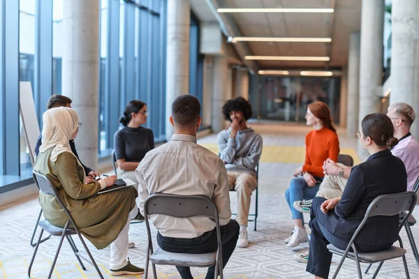Diverse Group Young Business Entrepreneurs Gathered Circle Meeting Discussing Corporate — Stock Photo, Image