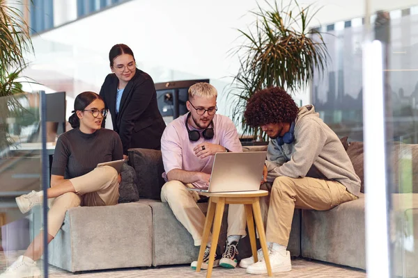 In a modern startup office, a diverse group of young professionals collaboratively tackles various business problems and challenges, surrounded by their engaged colleagues, fostering innovation and