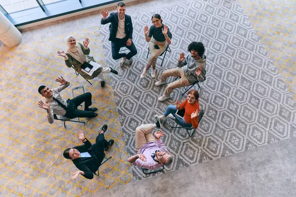 Top View Diverse Group Young Business Entrepreneurs Gathered Circle Meeting — Stock Photo, Image