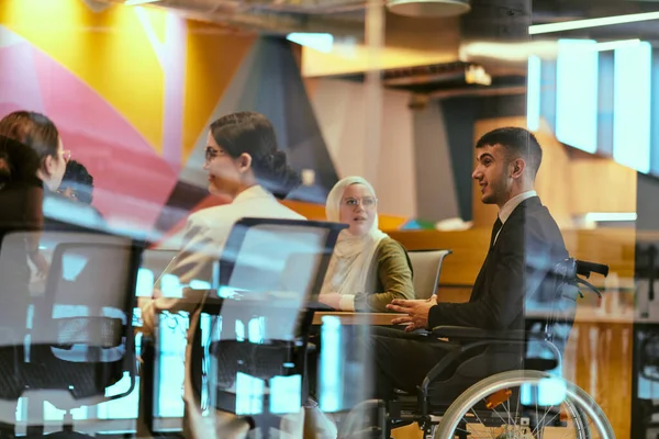 Modern Glass Startup Office Wheelchair Bound Director Leads Successful Meeting — Stock Photo, Image