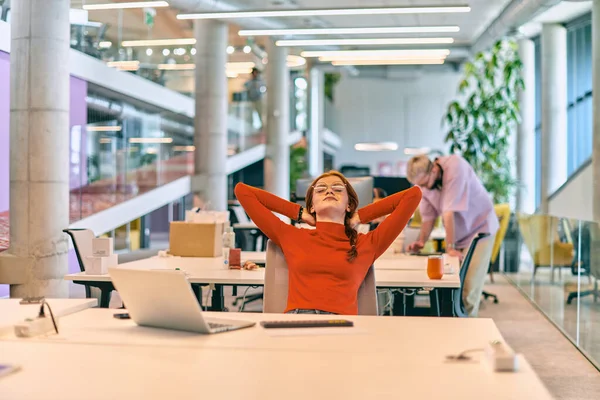 Modern Startup Office Professional Businesswoman Orange Hair Sitting Her Laptop — Stock Photo, Image
