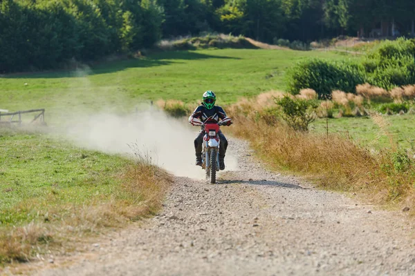 Professional Motocross Rider Exhilaratingly Riding Treacherous Road Forest Trail Motorcycle — Stock Photo, Image