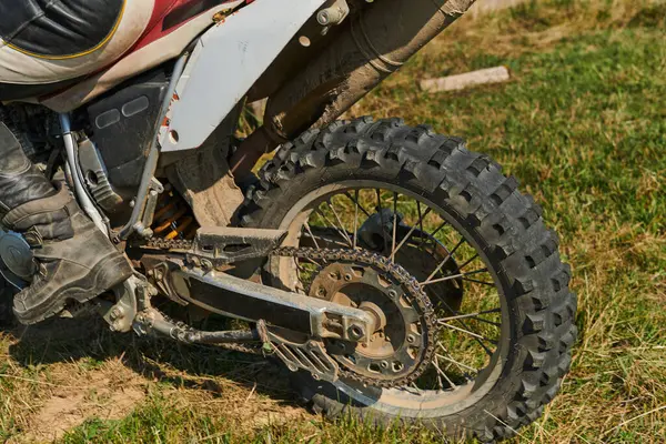 Close Photo Professional Motocross Rider Action Showcasing Tire Various Components — Stock Photo, Image