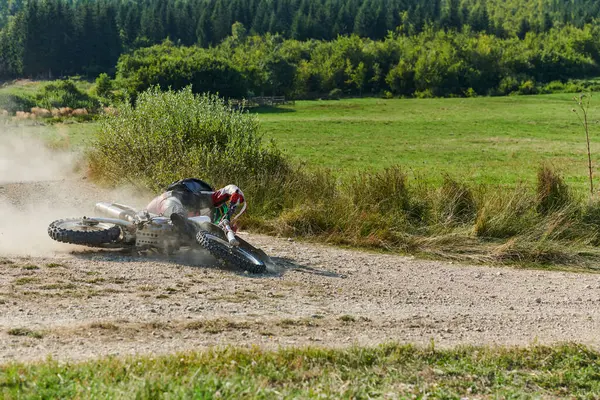 Professional Motocross Rider Experiences Unfortunate Fall Motorcycle Forest Trail Highlighting — Stock Photo, Image