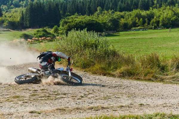 Professional Motocross Rider Experiences Unfortunate Fall Motorcycle Forest Trail Highlighting — Stock Photo, Image