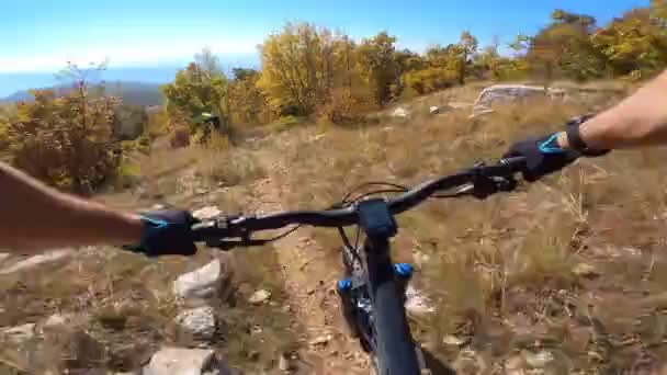 Gruppe Von Freunden Speed Mountainbike Bergab Fahren Auf Einem Steinigen — Stockvideo