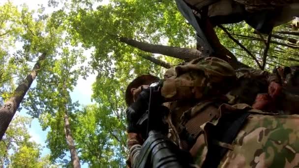 Pov Zbliżenie Grupy Żołnierzy Celujących Broni Podczas Poruszania Się Lesie — Wideo stockowe