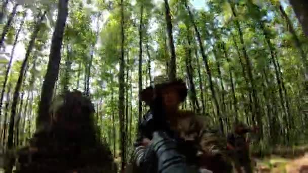 Pov Close Group Soldiers Aiming Gun While Moving Forest Military — Stock Video