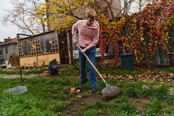 Man Diligently Maintains Garden Collecting Old Dry Leaves Creating Picturesque — Stock Photo, Image