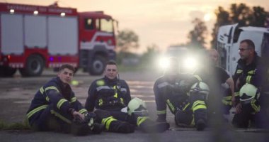 Cesur İtfaiyeciler Ekibi Kameraya Yürüyor. Arka plan Sağlık Ekibi ve İtfaiyeci Kurtarma Ekibi Araba Kazası, Sigorta ve Hayat Kurtarma konseptinde İtfaiyeye Karşı. Yüksek kalite fotoğraf