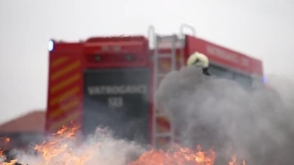 Portret Van Een Heldhaftige Brandweerman Een Beschermend Pak Brandweerman Bij — Stockvideo