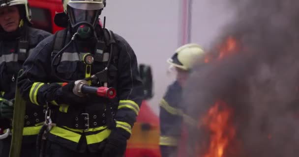消防士は火の炎と戦い 火を拡散しないように制御します 消防産業と公共の安全の概念 交通事故や車の事故救助とヘルプアクション — ストック動画