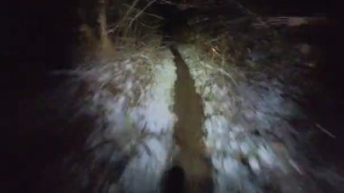 Bir grup arkadaş kış gecesi kaygan bir patikada yokuş aşağı dağ bisikleti sürerken birinci şahıs bakış açısıyla POV göğüs sabit video montajı taze karla birlikte..