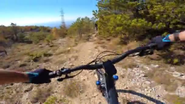Vriendengroep Speed Riding Mountainbike Downhill Rit Een Rotsachtig Pad Met — Stockvideo