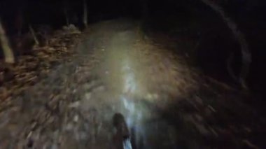 Bir grup arkadaş kış gecesi kaygan bir patikada yokuş aşağı dağ bisikleti sürerken birinci şahıs bakış açısıyla POV göğüs sabit video montajı taze karla birlikte..