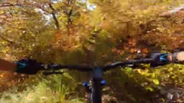 Bir grup arkadaş kayalık bir yolda dağ bisikleti sürerken birinci şahıs bakış açısıyla POV 360 derece sabit göğüs videosu izleyerek kayalık bir yolda hız yapıyorlar..