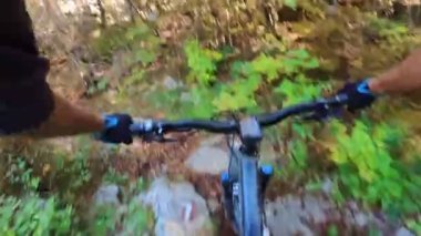 Bir grup arkadaş kayalık bir yolda dağ bisikleti sürerken birinci şahıs bakış açısıyla POV 360 derece sabit göğüs videosu izleyerek kayalık bir yolda hız yapıyorlar..